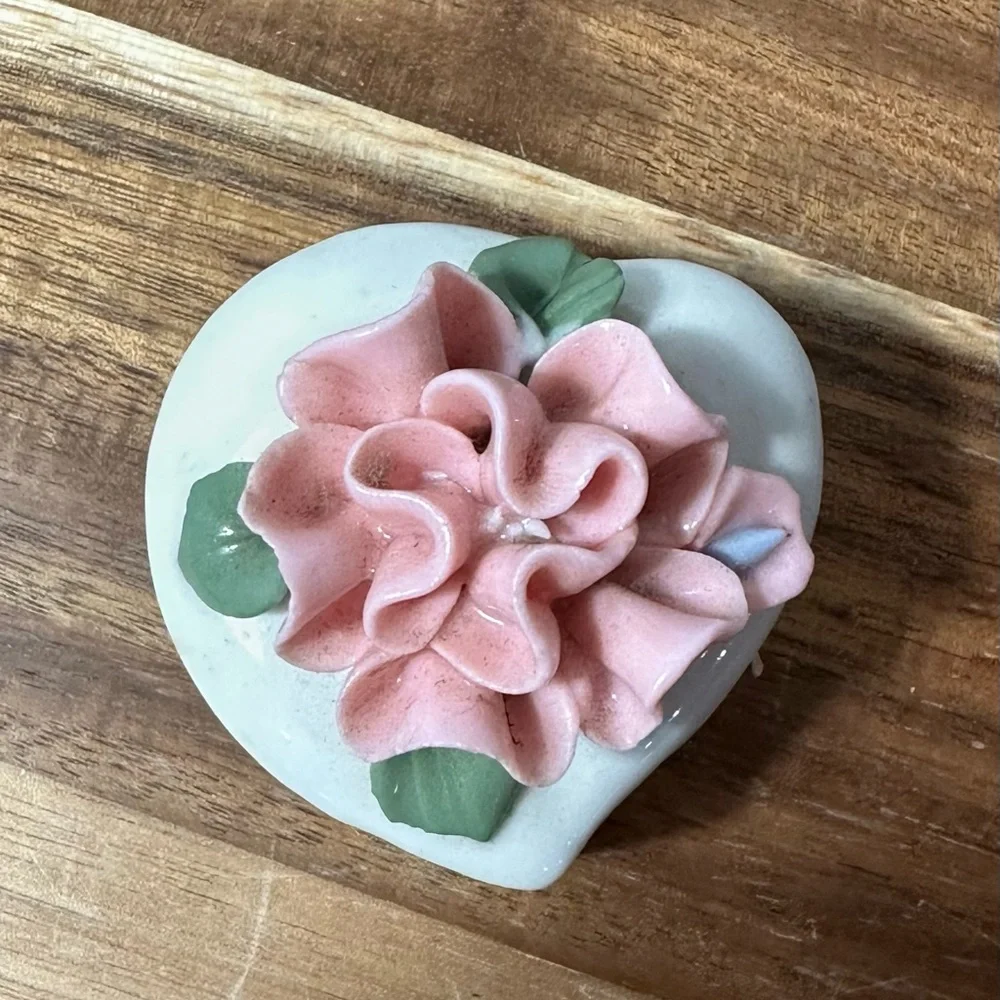 Porcelain Heart Trinket Box with Pink Rose